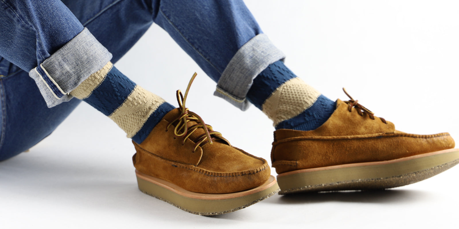 Fashionable striped knit socks linked to high quality production