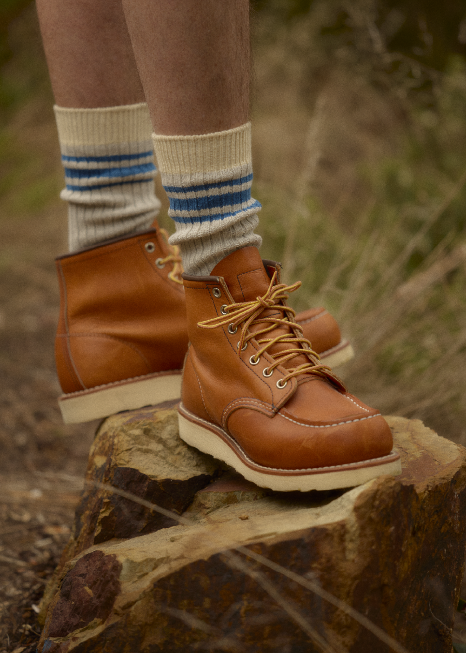 Grey ribbed Saturday socks with blue stripes worn with heritage leather boots in nature.